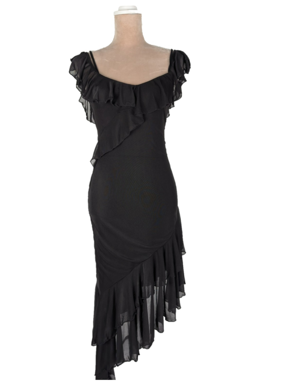 Vtg Y2K Midi Dress Black Sz M Asymmetrical Ruffle Mesh Whimsigoth Vamp Fairy
